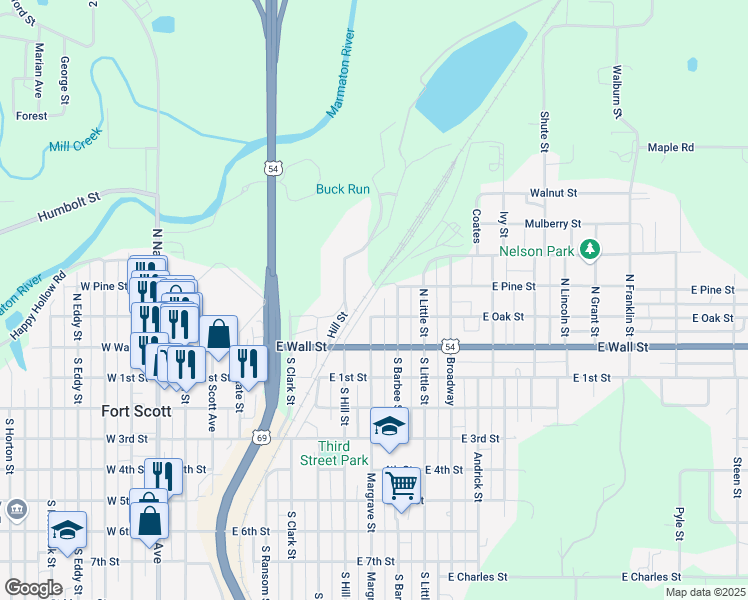 map of restaurants, bars, coffee shops, grocery stores, and more near 301 North Hill Street in Fort Scott