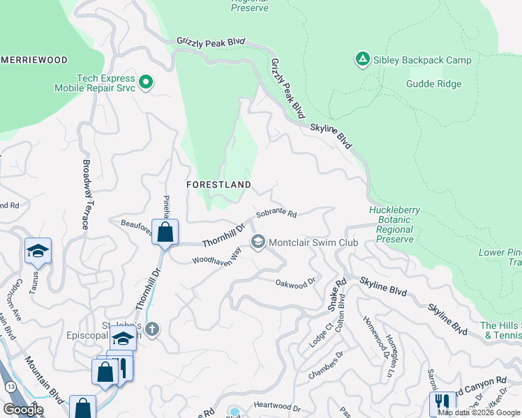 map of restaurants, bars, coffee shops, grocery stores, and more near 18 Conrad Court in Oakland