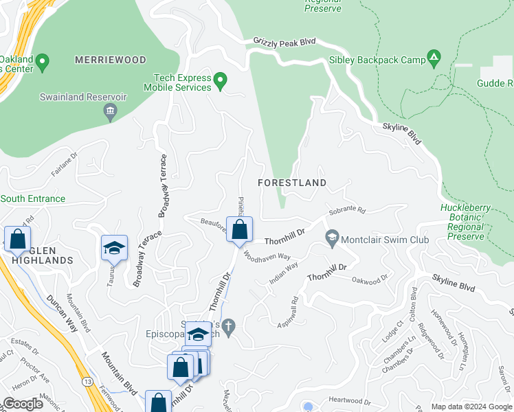 map of restaurants, bars, coffee shops, grocery stores, and more near 6501 Heather Ridge Way in Oakland