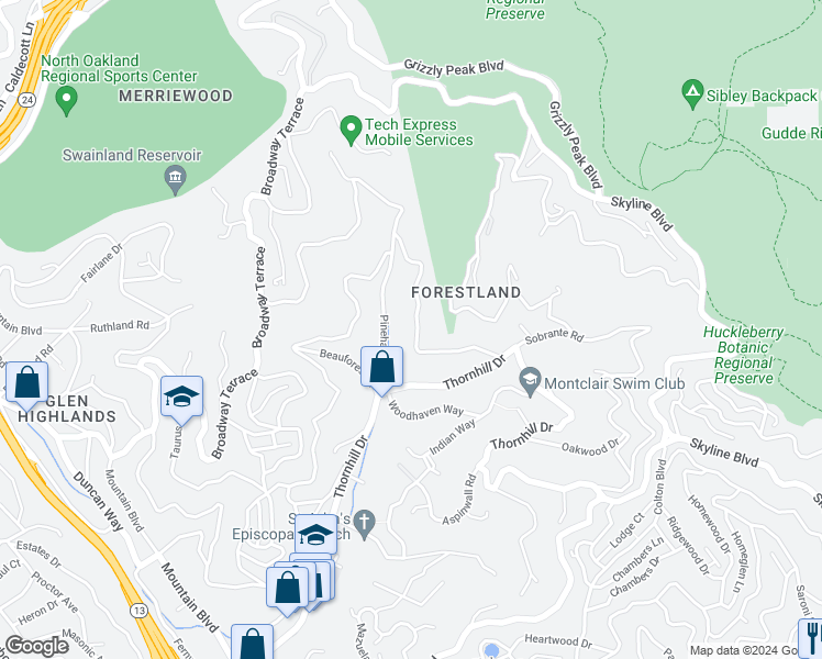 map of restaurants, bars, coffee shops, grocery stores, and more near 6501 Heather Ridge Way in Oakland