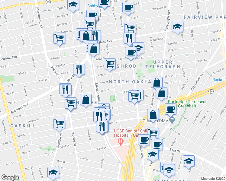 map of restaurants, bars, coffee shops, grocery stores, and more near 5757 Dover Street in Oakland