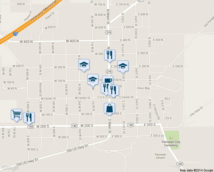 map of restaurants, bars, coffee shops, grocery stores, and more near 71 North Main Street in Paragonah