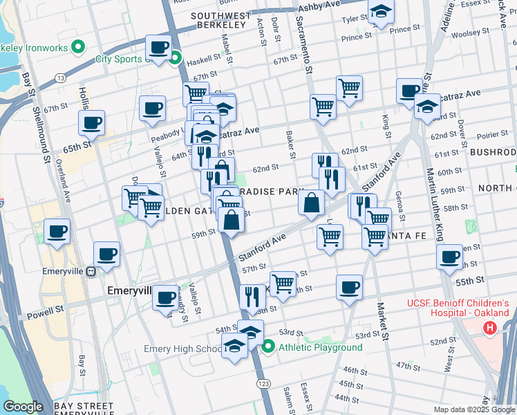 map of restaurants, bars, coffee shops, grocery stores, and more near 1050 60th Street in Oakland