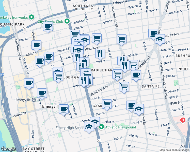 map of restaurants, bars, coffee shops, grocery stores, and more near 1050 60th Street in Oakland