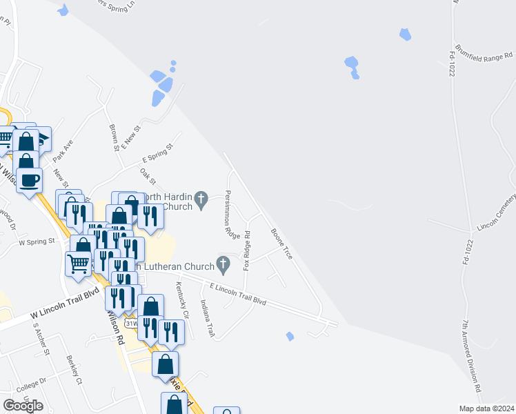 map of restaurants, bars, coffee shops, grocery stores, and more near 137 Boone Trce in Radcliff