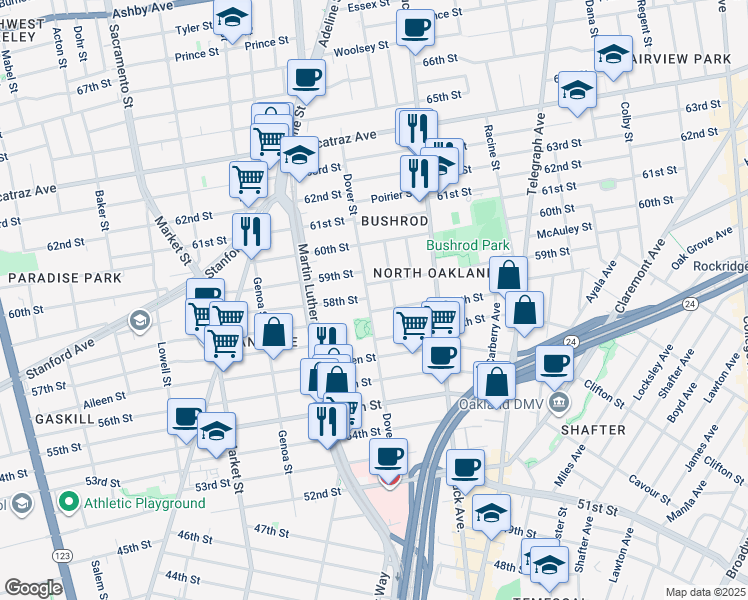 map of restaurants, bars, coffee shops, grocery stores, and more near 5757 Dover Street in Oakland