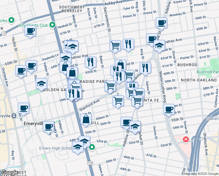 map of restaurants, bars, coffee shops, grocery stores, and more near 977 60th Street in Oakland