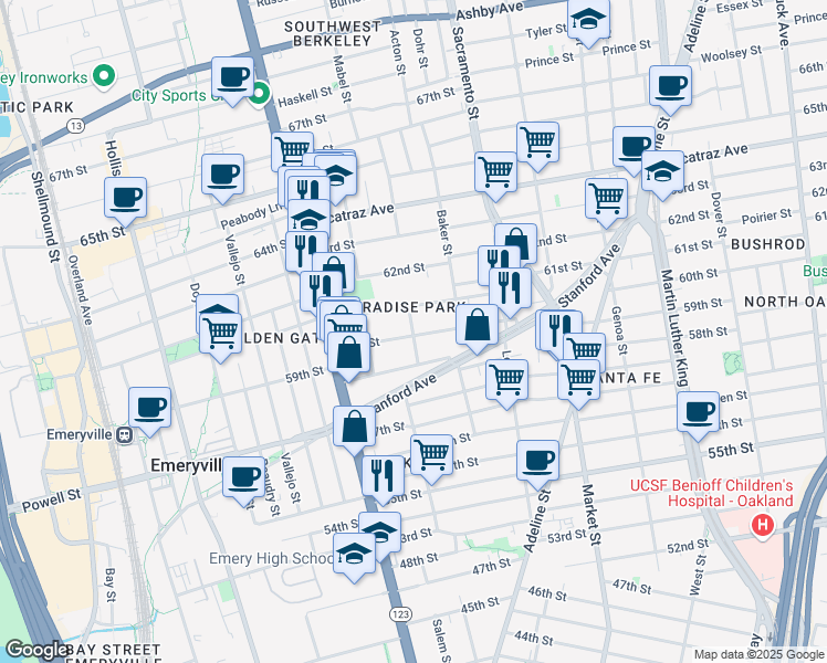 map of restaurants, bars, coffee shops, grocery stores, and more near 1021 60th Street in Oakland