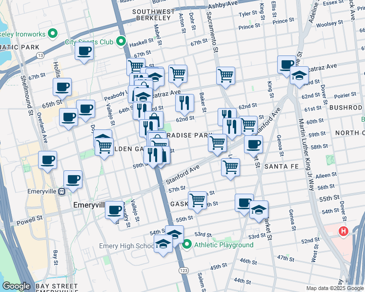 map of restaurants, bars, coffee shops, grocery stores, and more near 1050 60th Street in Oakland
