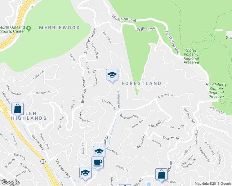 map of restaurants, bars, coffee shops, grocery stores, and more near 6427 Pinehaven Road in Oakland