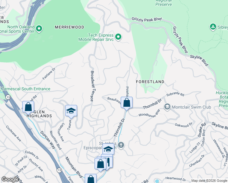 map of restaurants, bars, coffee shops, grocery stores, and more near 6383 Valley View Road in Oakland