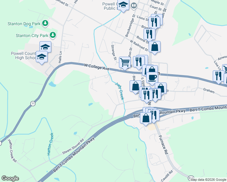 map of restaurants, bars, coffee shops, grocery stores, and more near 115 Meadowbrook Lane in Stanton