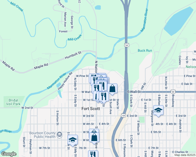 map of restaurants, bars, coffee shops, grocery stores, and more near Market in Fort Scott