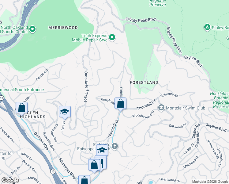 map of restaurants, bars, coffee shops, grocery stores, and more near 6416 Valley View Road in Oakland