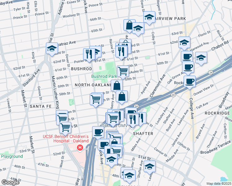 map of restaurants, bars, coffee shops, grocery stores, and more near 517 58th Street in Oakland