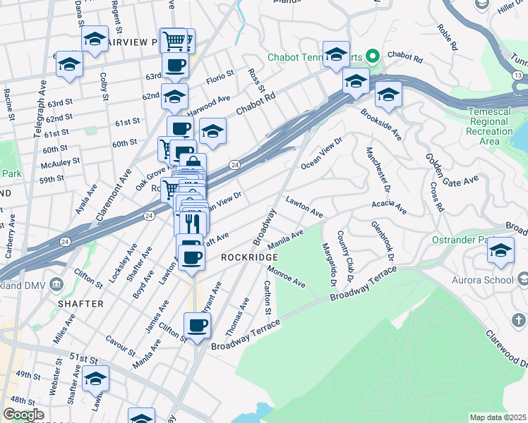 map of restaurants, bars, coffee shops, grocery stores, and more near 5606 Taft Avenue in Oakland