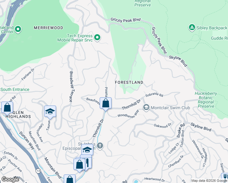 map of restaurants, bars, coffee shops, grocery stores, and more near 6507 Heather Ridge Way in Oakland