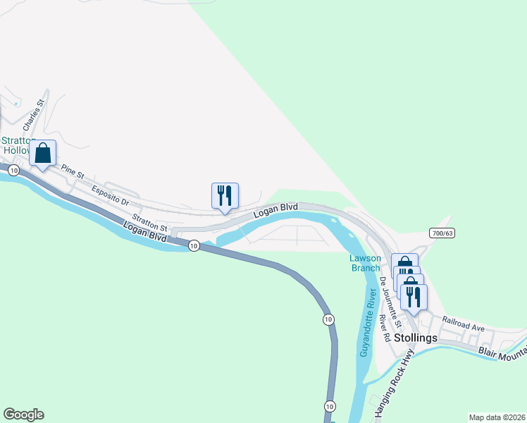 map of restaurants, bars, coffee shops, grocery stores, and more near Walnut Street in Logan