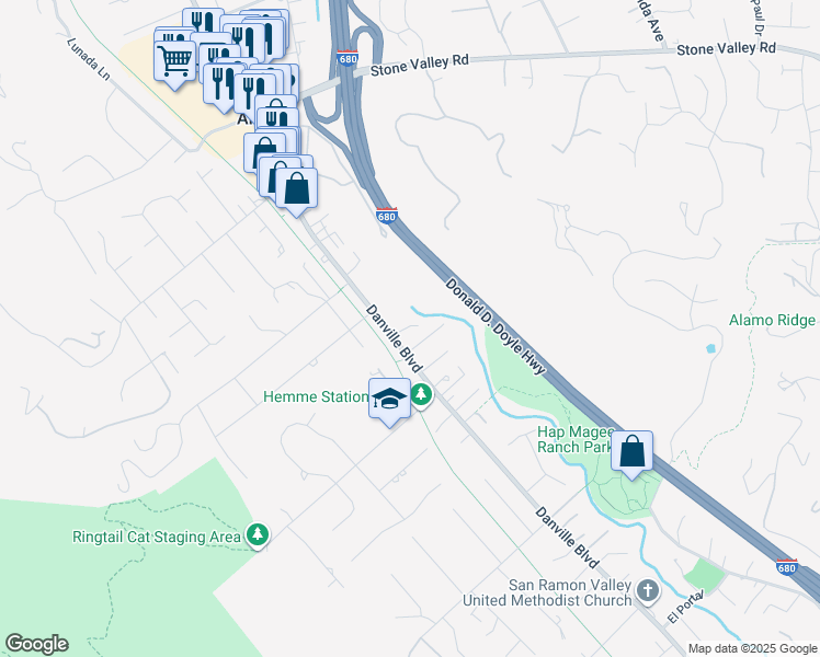 map of restaurants, bars, coffee shops, grocery stores, and more near 1272 Danville Boulevard in Alamo