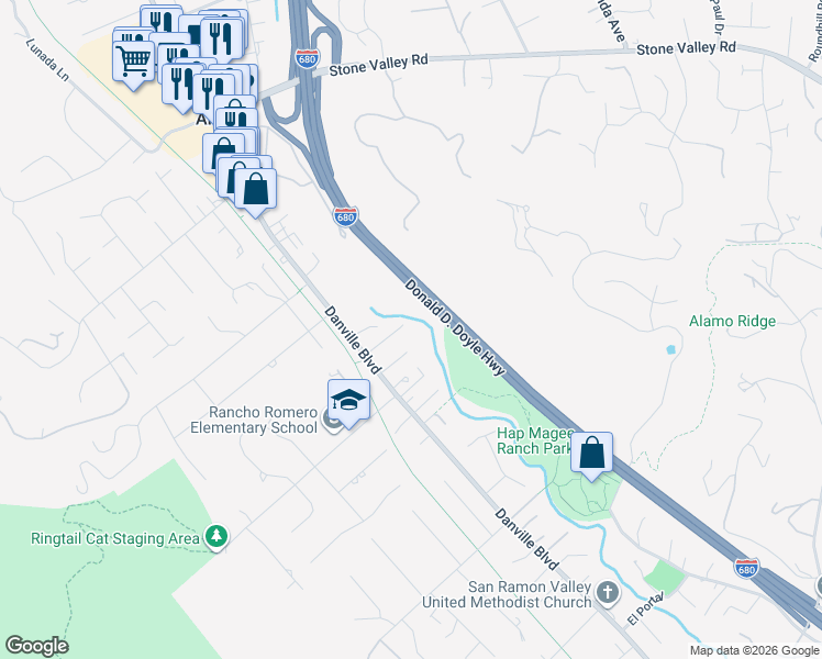 map of restaurants, bars, coffee shops, grocery stores, and more near 324 Massoni Court in Alamo