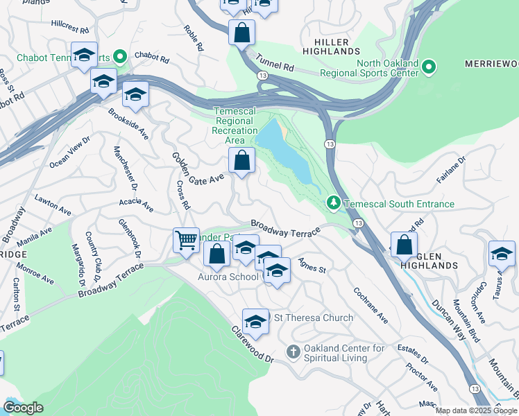 map of restaurants, bars, coffee shops, grocery stores, and more near 6171 Buena Vista Avenue in Oakland