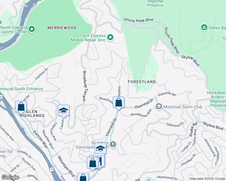 map of restaurants, bars, coffee shops, grocery stores, and more near 6427 Pinehaven Road in Oakland