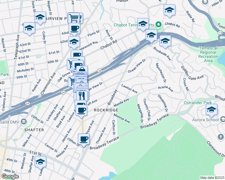 map of restaurants, bars, coffee shops, grocery stores, and more near 5606 Taft Avenue in Oakland