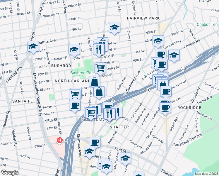 map of restaurants, bars, coffee shops, grocery stores, and more near 5719 Hermann Street in Oakland