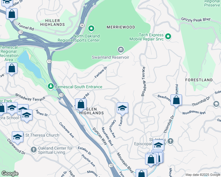 map of restaurants, bars, coffee shops, grocery stores, and more near 6201 Ruthland Road in Oakland