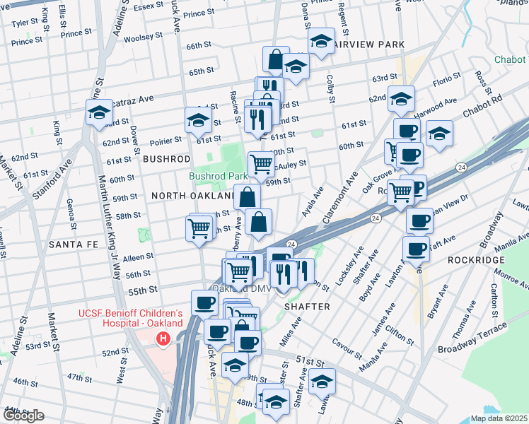 map of restaurants, bars, coffee shops, grocery stores, and more near 5730 Telegraph Avenue in Oakland