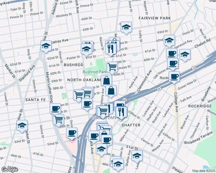 map of restaurants, bars, coffee shops, grocery stores, and more near 517 58th Street in Oakland