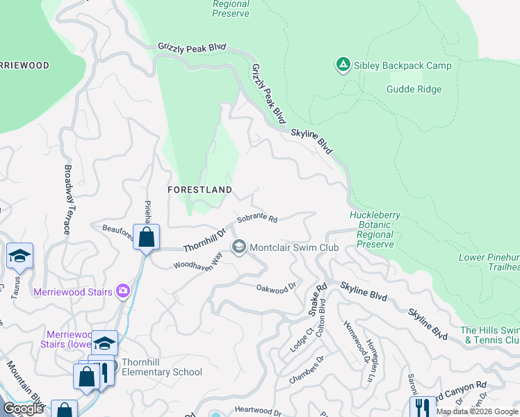 map of restaurants, bars, coffee shops, grocery stores, and more near 7208 Thorndale Drive in Oakland