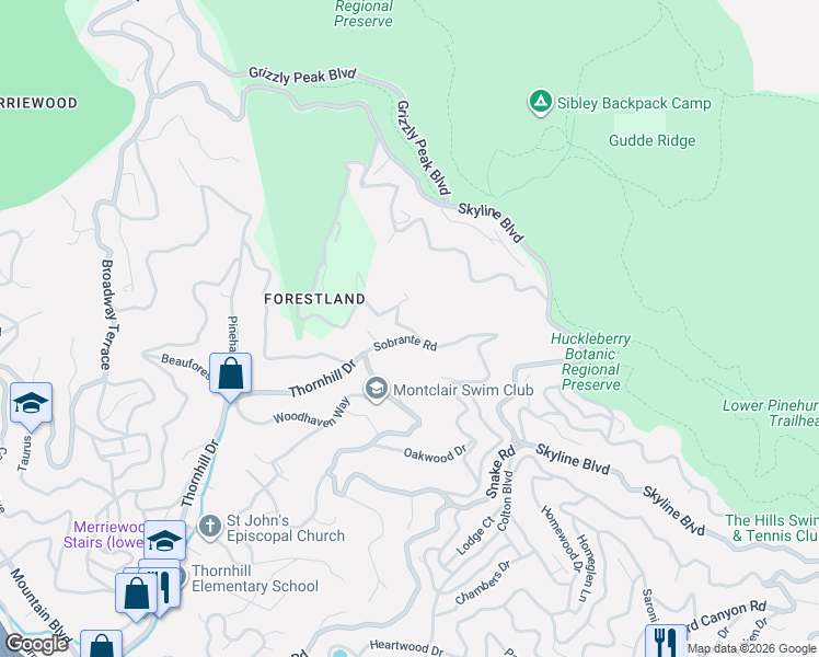 map of restaurants, bars, coffee shops, grocery stores, and more near 7208 Thorndale Drive in Oakland