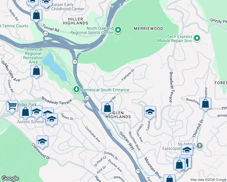 map of restaurants, bars, coffee shops, grocery stores, and more near 746 Mountain Boulevard in Oakland