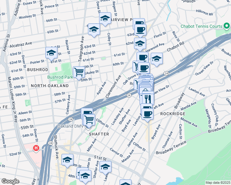 map of restaurants, bars, coffee shops, grocery stores, and more near 5556 Claremont Avenue in Oakland