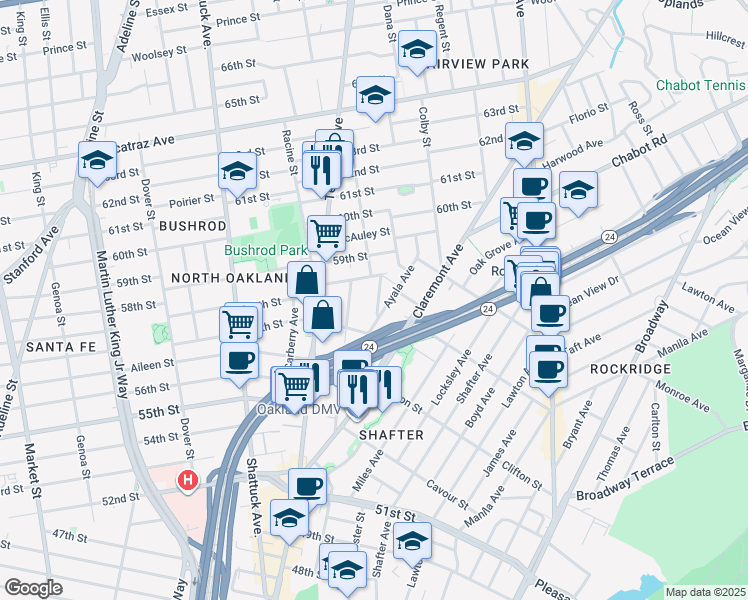 map of restaurants, bars, coffee shops, grocery stores, and more near 5731 Hermann Street in Oakland