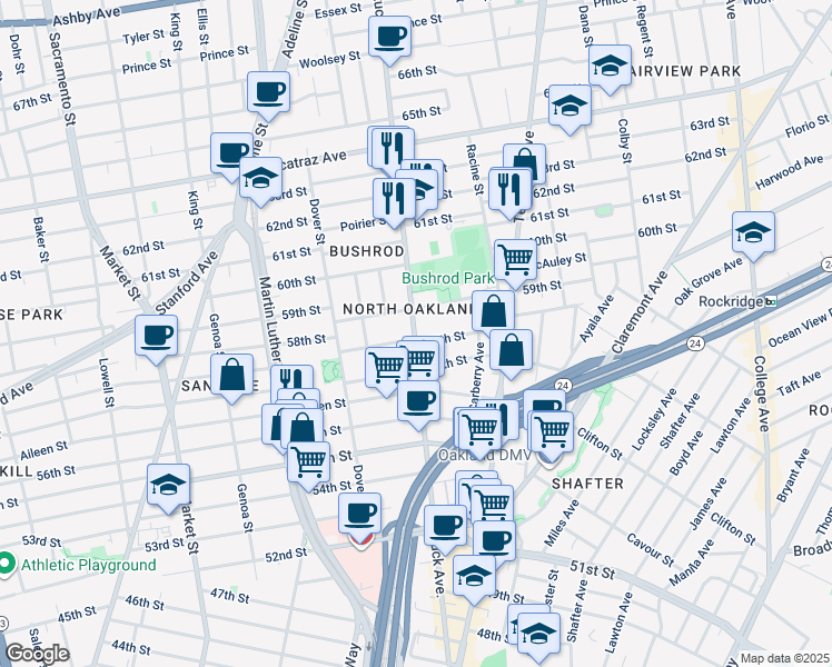 map of restaurants, bars, coffee shops, grocery stores, and more near 616 58th Street in Oakland