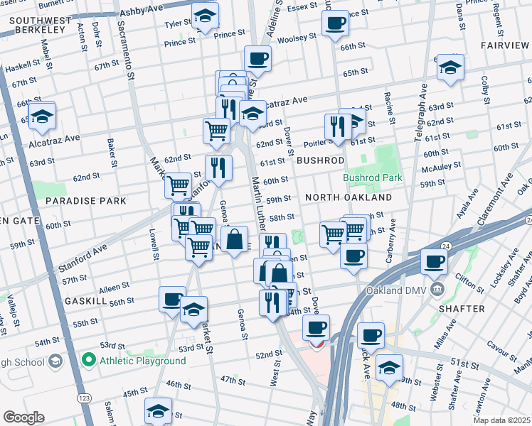 map of restaurants, bars, coffee shops, grocery stores, and more near 772 58th Street in Oakland