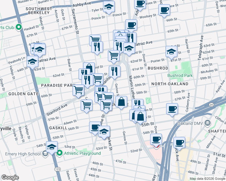 map of restaurants, bars, coffee shops, grocery stores, and more near in Oakland
