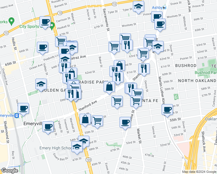 map of restaurants, bars, coffee shops, grocery stores, and more near 977 60th Street in Oakland