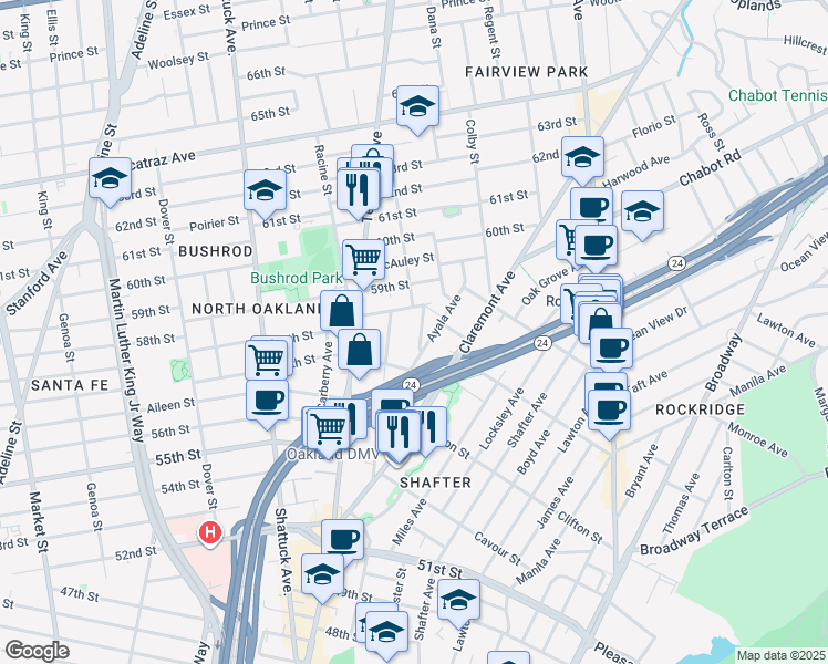 map of restaurants, bars, coffee shops, grocery stores, and more near 5731 Hermann Street in Oakland