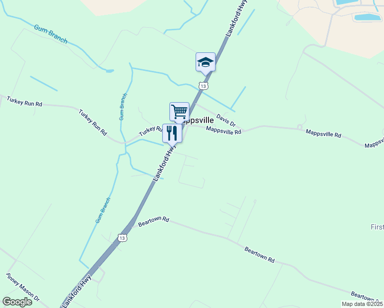 map of restaurants, bars, coffee shops, grocery stores, and more near 29183 Bloxom Lane in Mappsville