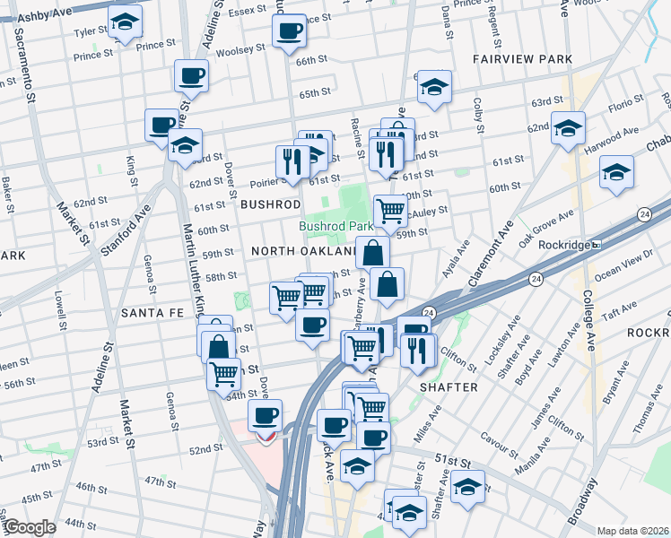 map of restaurants, bars, coffee shops, grocery stores, and more near 570 58th Street in Oakland
