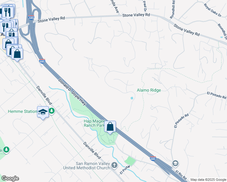 map of restaurants, bars, coffee shops, grocery stores, and more near 123 Alamo Springs Drive in Alamo