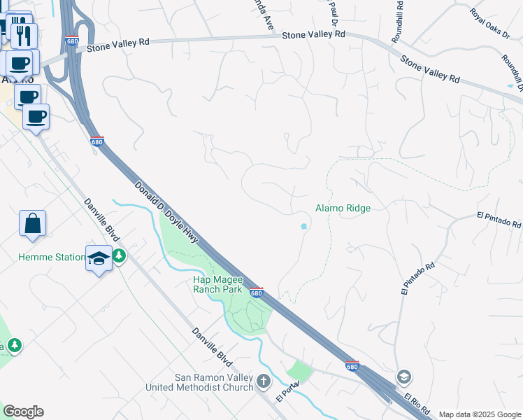 map of restaurants, bars, coffee shops, grocery stores, and more near 123 Alamo Springs Drive in Alamo