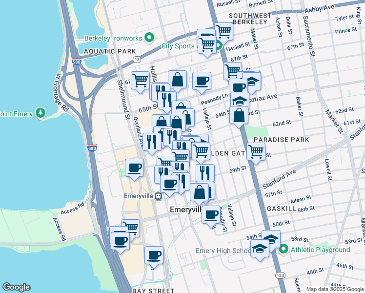 map of restaurants, bars, coffee shops, grocery stores, and more near in Emeryville