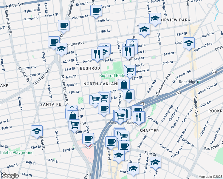 map of restaurants, bars, coffee shops, grocery stores, and more near 559 58th Street in Oakland