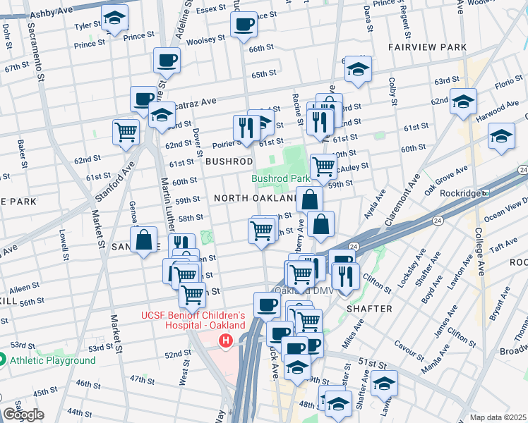 map of restaurants, bars, coffee shops, grocery stores, and more near 616 58th Street in Oakland