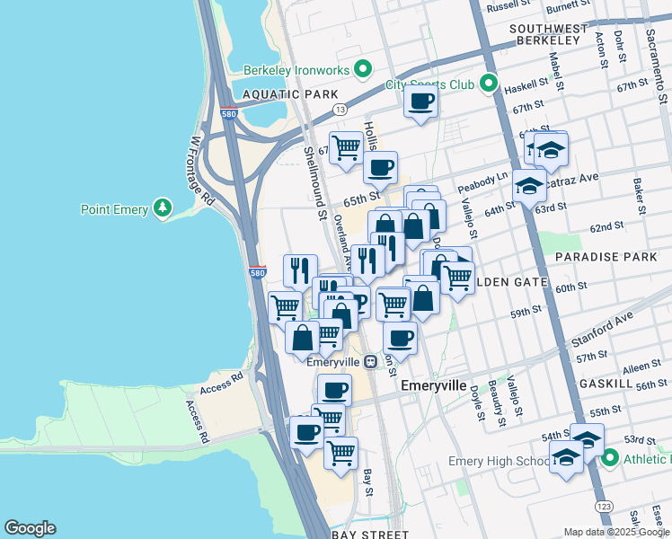 map of restaurants, bars, coffee shops, grocery stores, and more near 6301 Shellmound Street in Emeryville