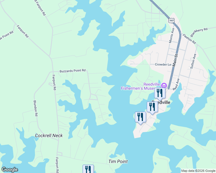 map of restaurants, bars, coffee shops, grocery stores, and more near 505 Buzzards Point Road in Reedville
